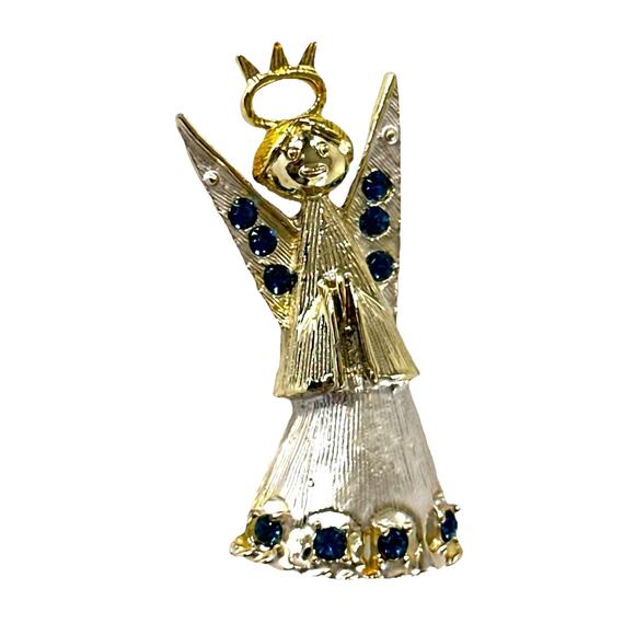 Vintage Gold Tone Angel Brooch Blue Rhinestone Accents 1.75” Holiday Pin - Picture 1 of 5